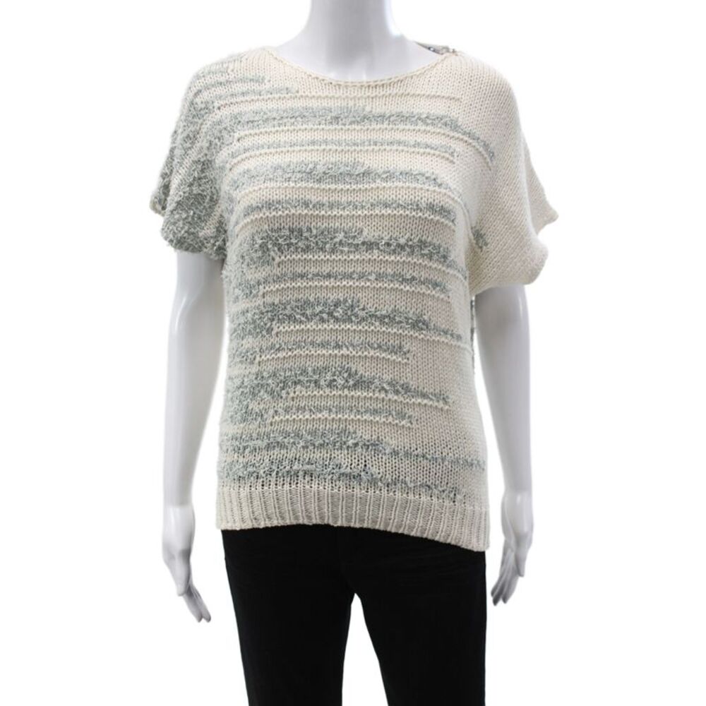 Le Tricot Perugia Women Ivory Striped Short Sleeve Pullover Sweater Size XS